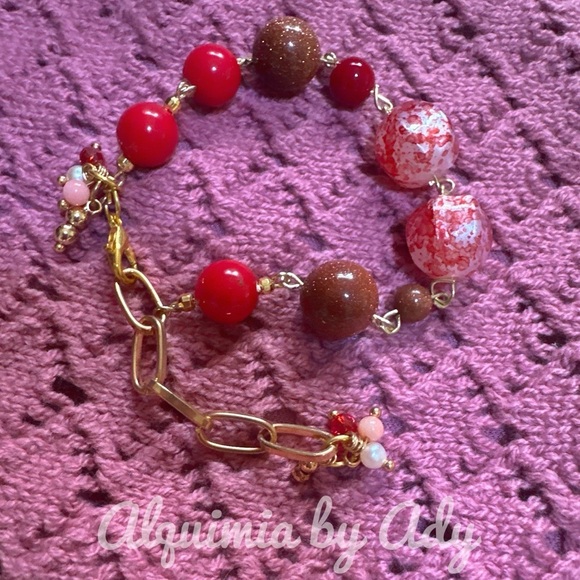 Goldstone beaded bracelet maxi beads chunky adjustable coral - Picture 1 of 4